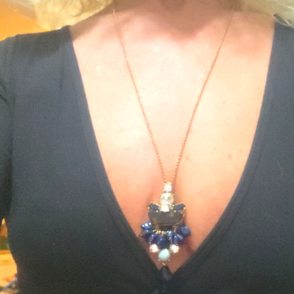 Long Elegant Blue and Gold Pendant Necklace